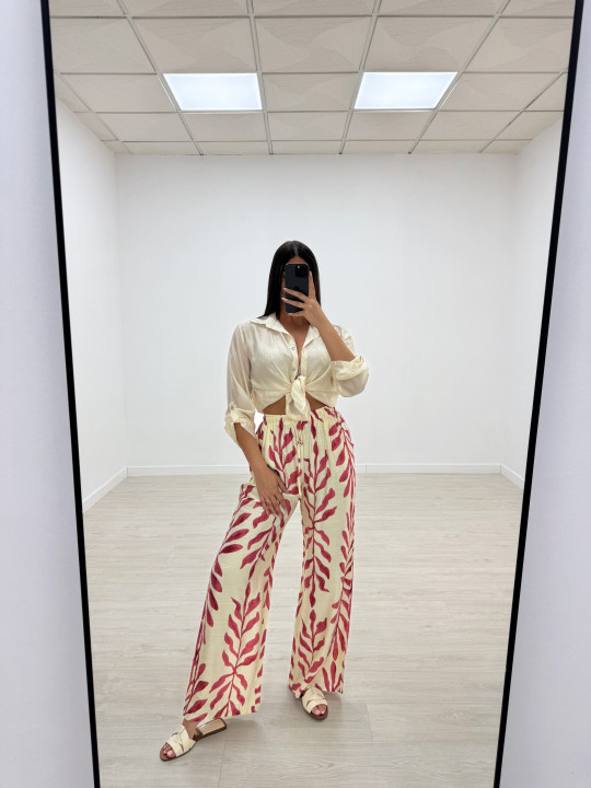 PANTALÓN FLUIDO HOJAS ROSA